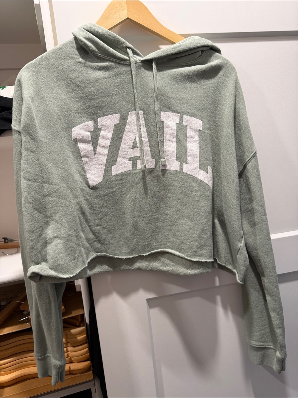Women's Sage Green Vail Cropped Hoodie with White Varsity Graphic
